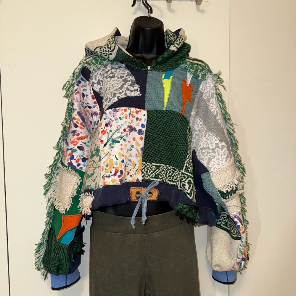 Colorful Patchwork Hoodie Crop Top with Celtic design Handmade Y2K